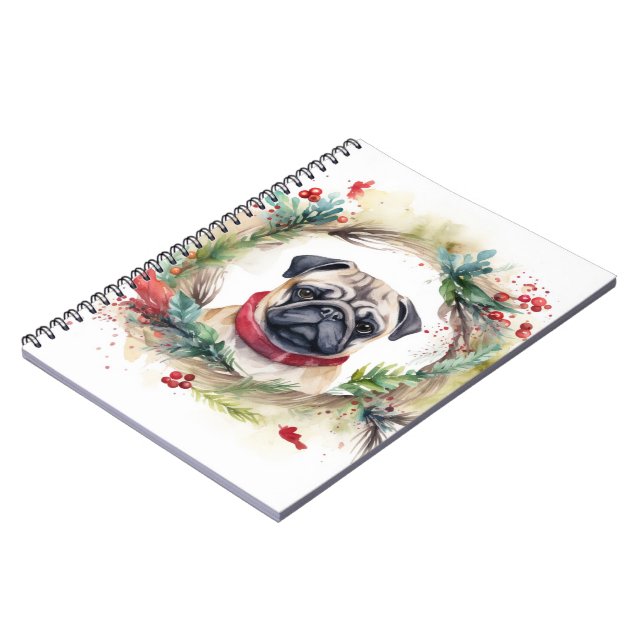 Caderno Espiral Pug Christmas Wreath Festivo Pup (Left Side)