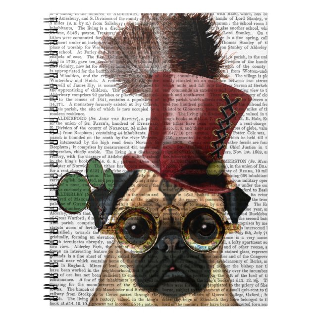 Caderno Espiral Pug com Estilo Steampunk Top Hat (Frente)