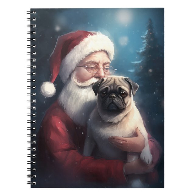 Caderno Espiral Pug Com Papai Noel Natal Festivo (Frente)