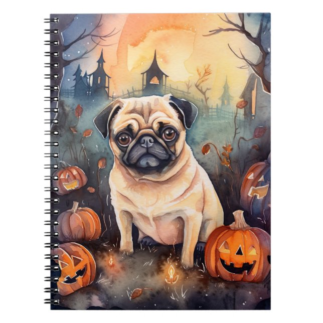 Caderno Espiral Pug De Halloween Com Pumpkins Assustado (Frente)