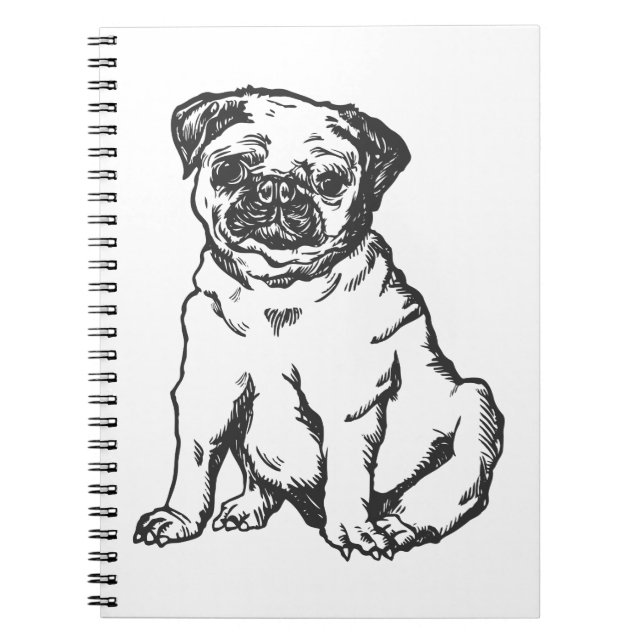 Caderno Espiral Pug dog, ilustração a preto e branco (Frente)