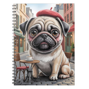 Caderno Espiral Pug Parisiense em Café na Calçada
