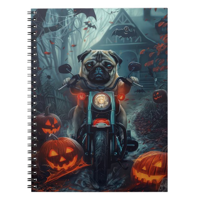 Caderno Espiral Pug Riding Motorcycle Halloween Scary (Frente)