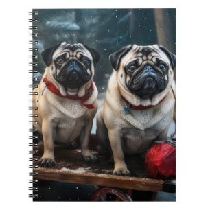 Caderno Espiral Pug Snowy Sleigh Decoração de Natal