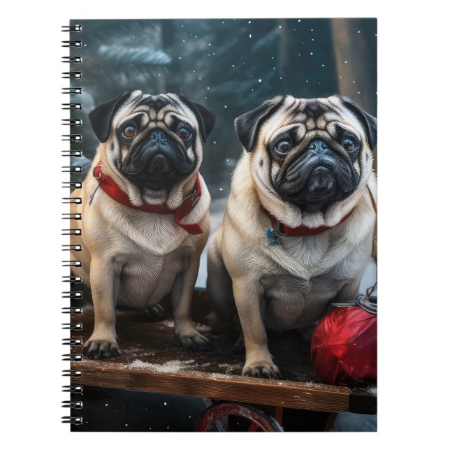 Caderno Espiral Pug Snowy Sleigh Decoração de Natal (Frente)
