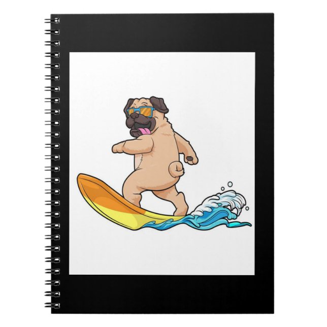 Caderno Espiral Pug Surfing Surfing Pug Vestindo Óculos (Frente)