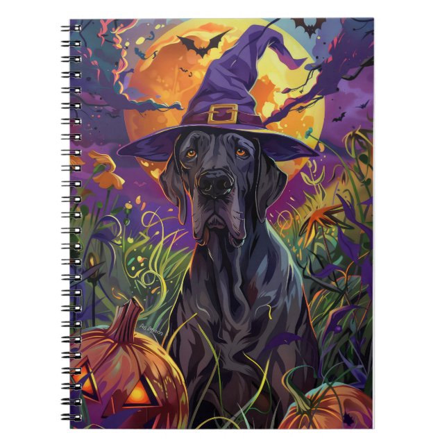Caderno Espiral Pumpkin de Bruxa de Halloween, Cachorro-sem-Pano (Frente)