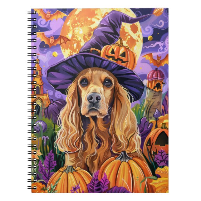 Caderno Espiral Pumpkin de Bruxa de Halloween do Cachorro Espanhol (Frente)