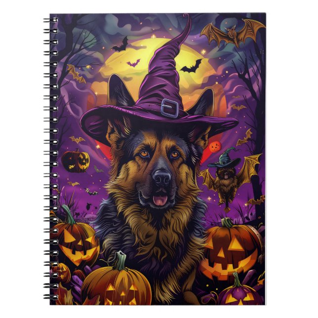 Caderno Espiral Pumpkin de bruxa de Halloween, German shepherd ass (Frente)