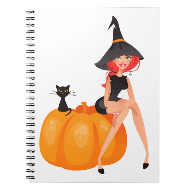 Caderno Espiral Pumpkin e Gato Negro da Bruxa do Halloween (Frente)