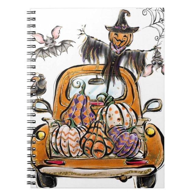 Caderno Espiral Pumpkin Patch Truck com pássaro espantalho de morc (Frente)
