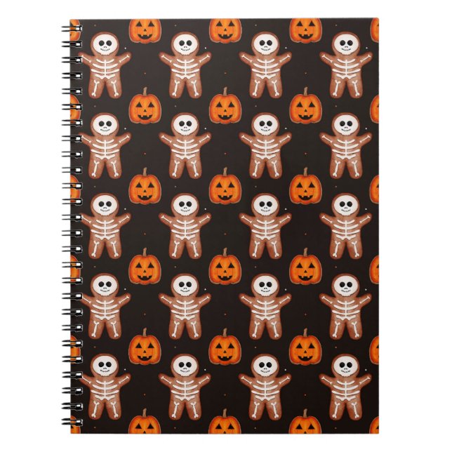 Caderno Espiral Pumpkins and Skeleton Gingerbread Halloween Design (Frente)