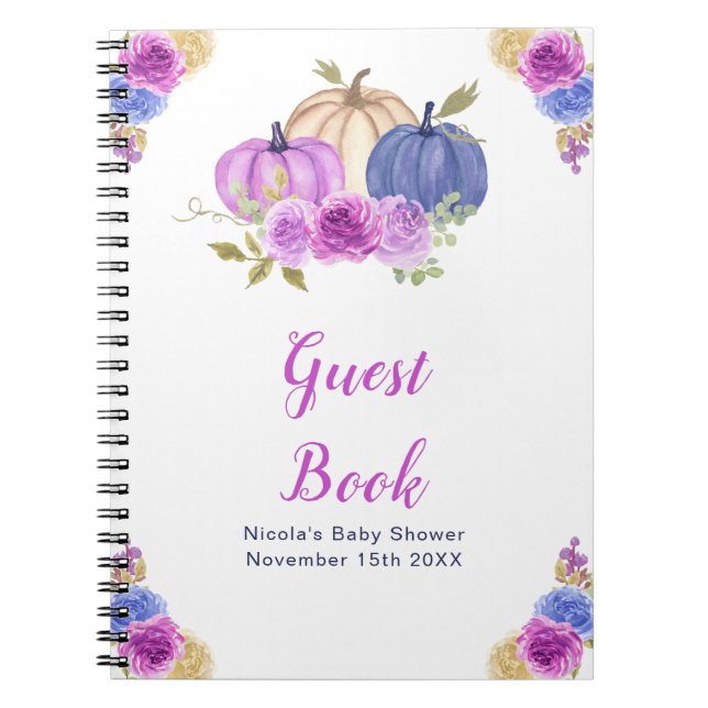 Caderno Espiral Purple and Navy Blue Floral Pumpkins Baby Shower (Frente)