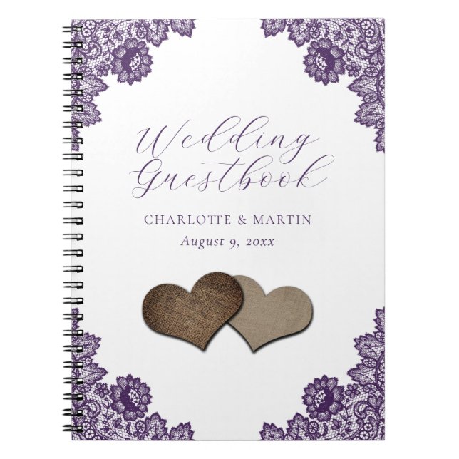 Caderno Espiral Purple Floral Lace Burlap Hearts Wedding Guestbook (Frente)