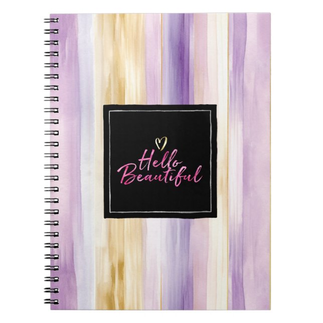 Caderno Espiral Purple Gold Cream Stripes Pink Black Hello   (Frente)
