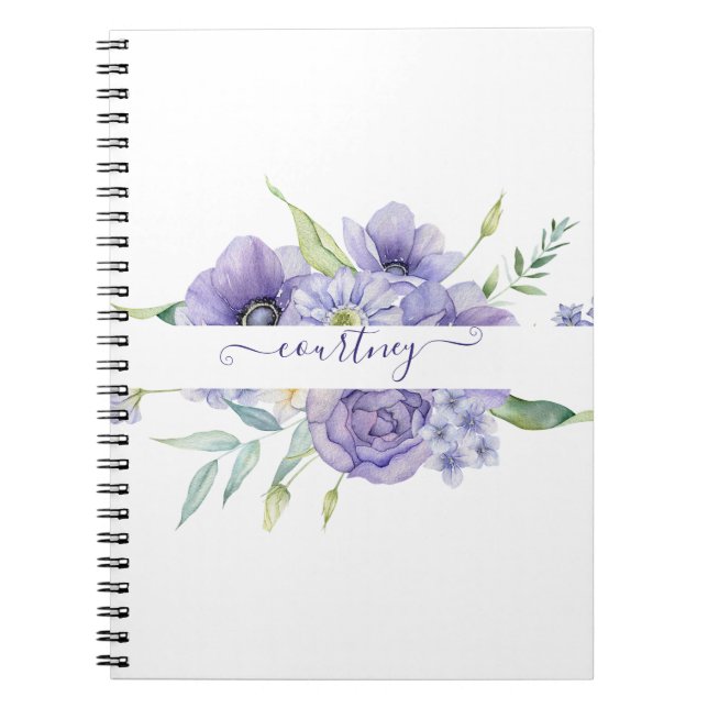 Caderno Espiral Púrpura aquarela floral personalizada (Frente)