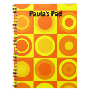 Caderno Espiral Quadrados dos Círculos Amarelos Funky Retro Laranj