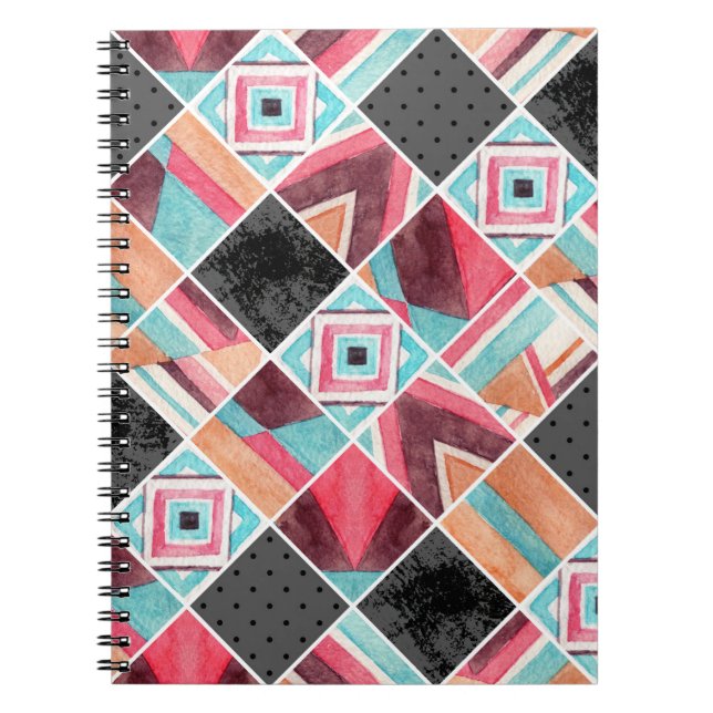 Caderno Espiral Quadrados geométricos, retalhos de aquarela (Frente)