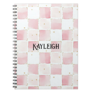 Caderno Espiral Quadrados Rosa Feminino Branco Chic