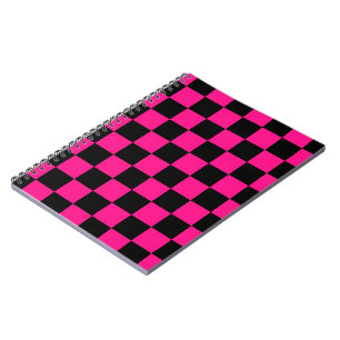 Caderno Espiral Quadrados xadrez rosa quente preto geométrico retr