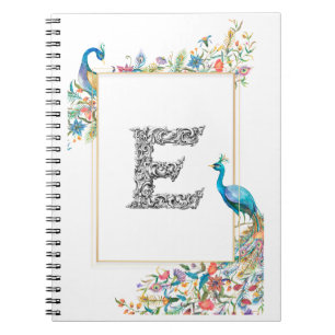 Caderno Espiral Quadro com pavões e flores de aquarelas - E