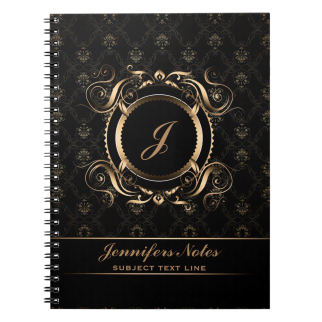 Caderno Espiral Quadro de Círculo Floral Preto e Dourado Monograma (Frente)