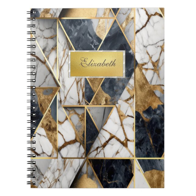 Caderno Espiral Quadro Dourado moderno, mármore geométrico preto (Frente)