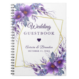 Caderno Espiral Quadro Geométrico Dourado Floral Roxo de Casamento