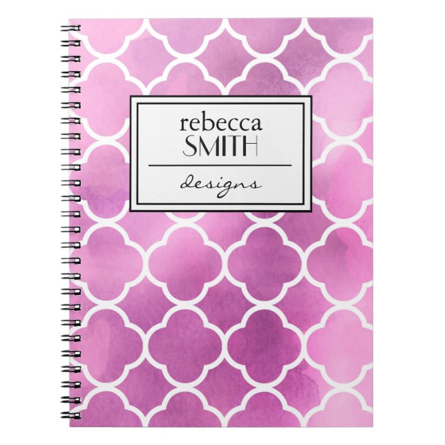 Caderno Espiral Quatrefoil Rosa, Latticework, Trellis, Aquarelas (Frente)