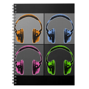 Caderno Espiral Quatro fones de ouvido do pop art