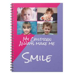 Caderno Espiral Quatro fotos que as crianças me fazem sorrir roxo 