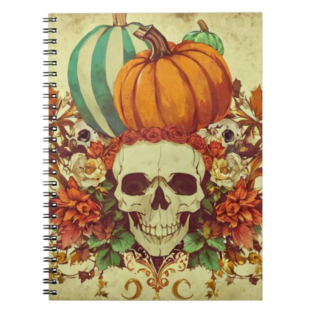 Caderno Espiral Queda/outono/Halloween/abóbora/esqueleto (Frente)