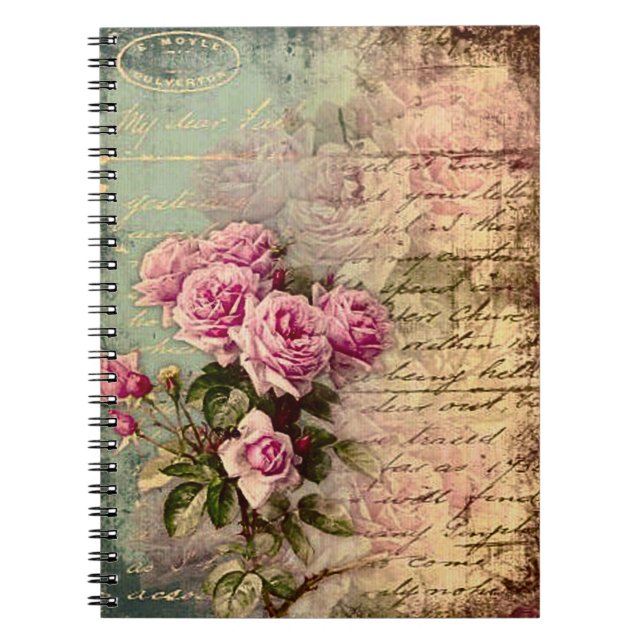 Caderno Espiral Quic francês country, chique, rosas rosa, flora (Frente)