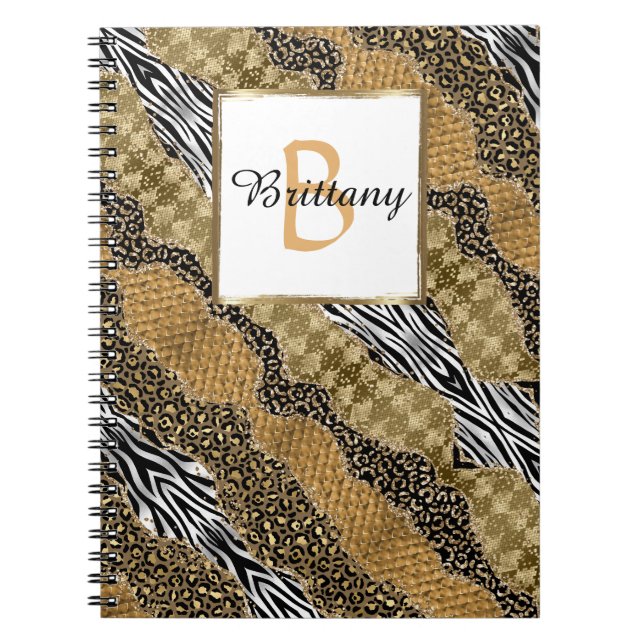 Caderno Espiral Quic Monograma Leopard Safari Dourado Glitter (Frente)