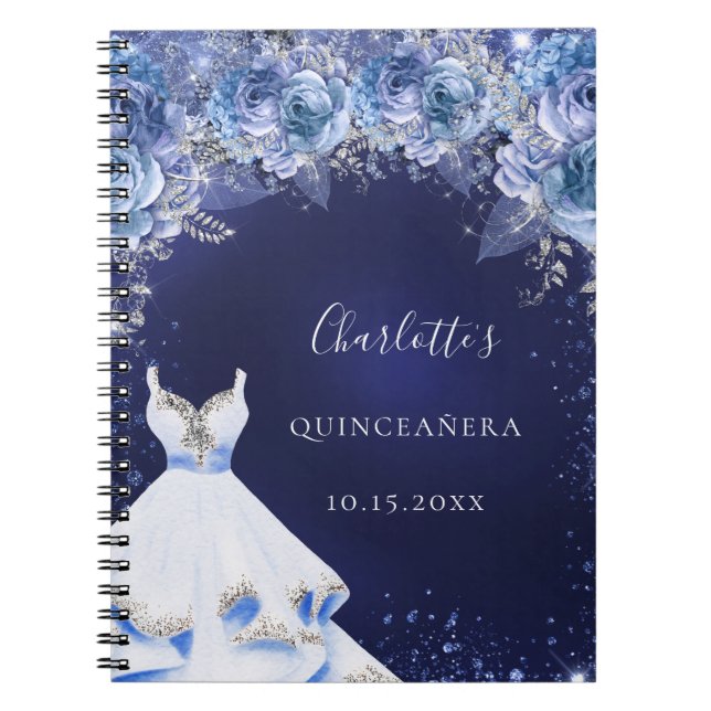Caderno Espiral Quinceanera Blue Glitter vestido livro de hóspedes (Frente)