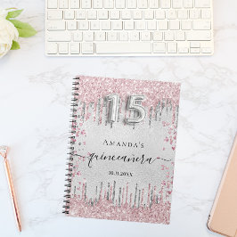 Caderno Espiral Quinceanera prateada rosa-rosa livro de convidados