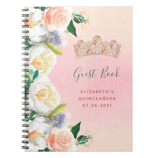 Caderno Espiral Quinceanera tiara florala branco pêssego livro con (Frente)