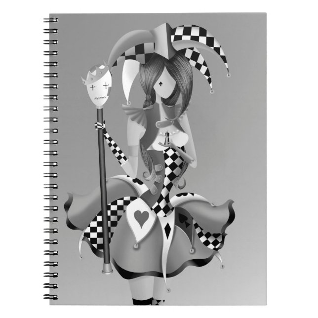 Caderno Espiral Quirky Jester e Puppet King Cinzas monocromáticas (Frente)