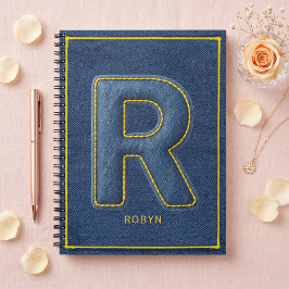 Caderno Espiral R de Monograma com Costura Amarela em Denim Azul F