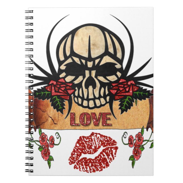Caderno Espiral RAB Rosas de crânio Rockabilly Love Lipstick (Frente)
