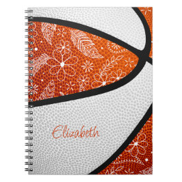 Caderno Espiral rabisco flores laranja branco basquetebol