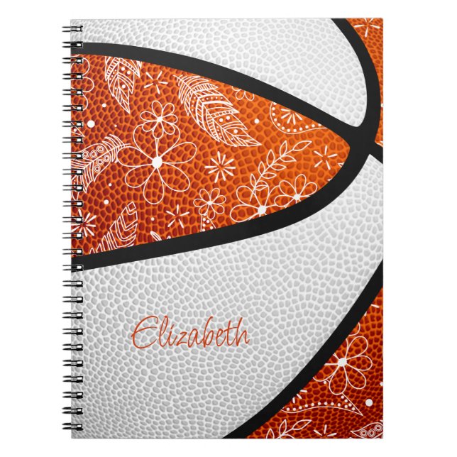 Caderno Espiral rabisco flores laranja branco basquetebol (Frente)