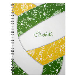 Caderno Espiral rabisco penas verdes vôlei de ouro