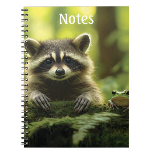 Caderno Espiral Raccoon Adorável e Pequim de Sapo sobre Mossy Log