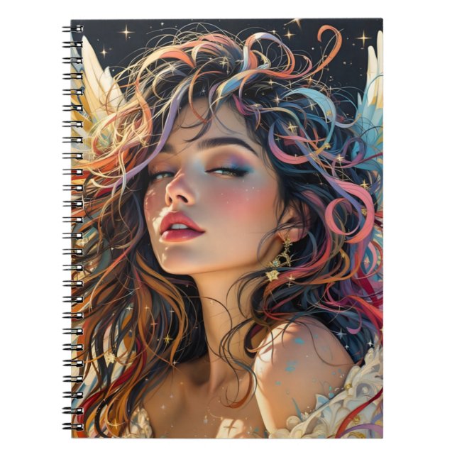 Caderno Espiral Radiação Celestial - Retrato Anjo Asas Arco-Íris (Frente)