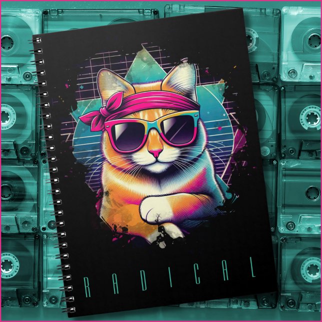 Caderno Espiral Radical Retroativo com Bandana e óculos de sol (Colorful 1980s cat wearing sunglasses and a bandana. Custom text currently reads "radical." )