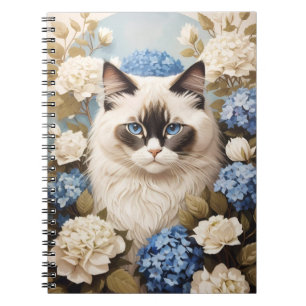 Caderno Espiral Ragdoll Cat Com Flores De Hydrangea Azuis