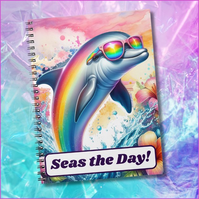 Caderno Espiral Rainbow Dolphin Seas the Day Girls Back to School (A rainbow dolphin wearing sunglasses brings retro 1980s style. Custom text says "Seas the day!")