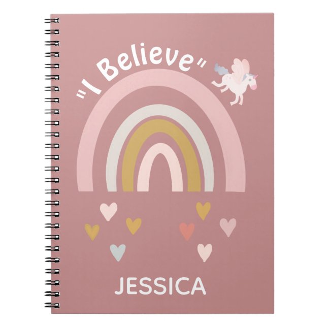 Caderno Espiral Rainbow Hearts Believe in Unicorns Personalised (Frente)