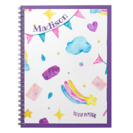 Caderno Espiral Rainbow Purple Personalize Name Girly Cute
